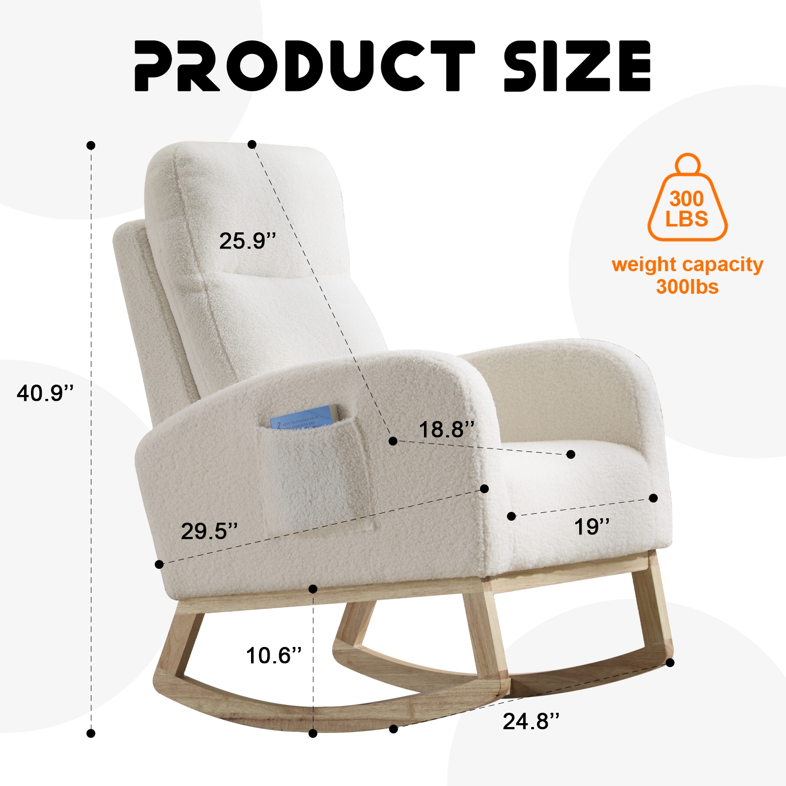 Modern Accent Rocking Chair Rocking Chair With Solid Wood Legs, Upholstered Nursery Glider Rocker, Comfy Armchair With Side Pocket, Living Room Lounge Arm Chair With High Backrest (White,teddy)_voghion.com